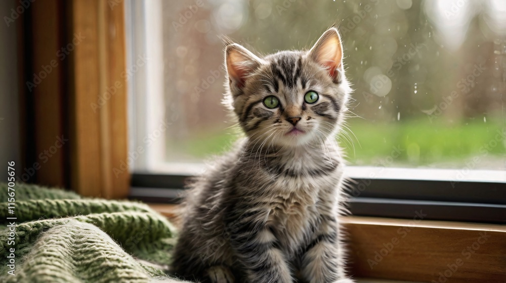 Adorable Gray Tabby Kitten on a Cozy Windowsill Adorable Gray Tabby Kitten on a Cozy Windowsill