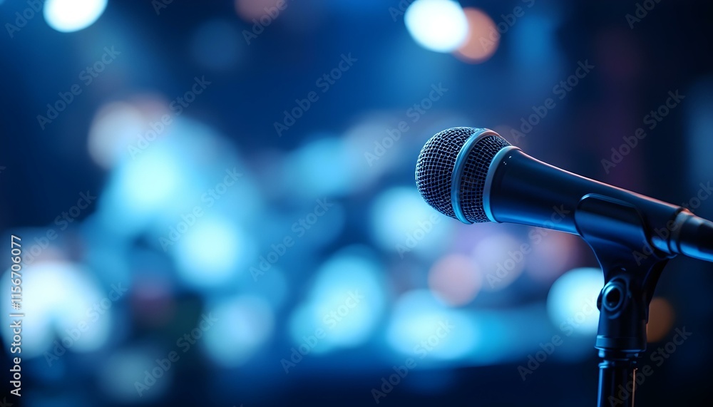 Obraz premium Microphone on stage, surrounded by an audience in the background at a professional conference