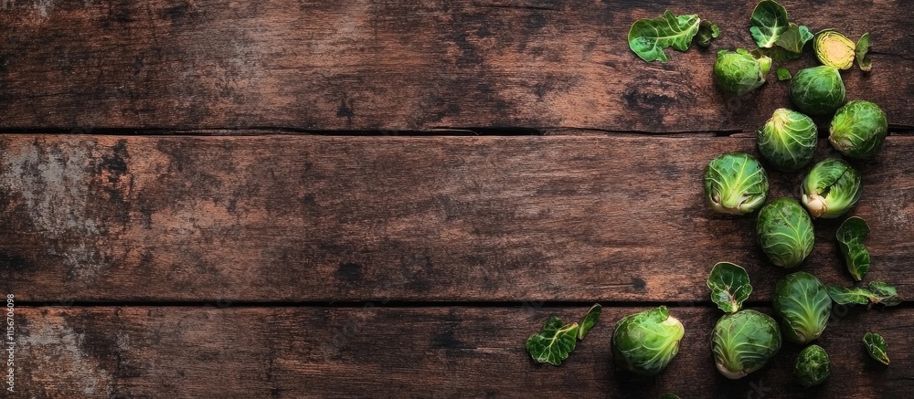 Brussels sprouts on rustic wooden table creating a natural and organic background with ample space for text or design elements Brussels sprouts on rustic wooden table creating a natural and organic background with ample space for text or design elements