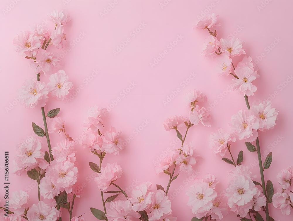 Pink flowers arranged on a pastel pink background with space for text Pink flowers arranged on a pastel pink background with space for text