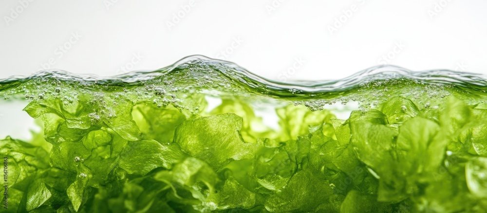 Lush green algae in clear water showcasing biofuel potential with ample negative space for added text or branding elements Lush green algae in clear water showcasing biofuel potential with ample negative space for added text or branding elements