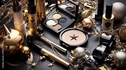 A lavish flat lay featuring an assortment of festive themed makeup products in luxurious gold and silver packaging creating a glamorous and celebratory display