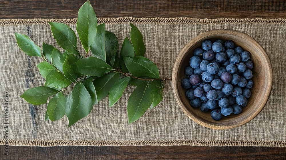 Top view of a wooden bowl filled with fresh Vaccinium myrtillus, European blueberries, and green leaves on a wooden table and jute cloth Top view of a wooden bowl filled with fresh Vaccinium myrtillus, European blueberries, and green leaves on a wooden table and jute cloth