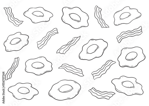 Bacon and Eggs doodle set. Cartoon illustration vector illustration background. Sunny Side up pattern for web and digital media