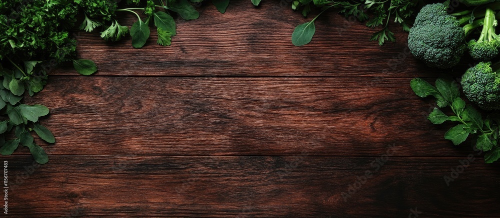 Fresh broccoli and leafy greens on rustic wooden background with ample blank space for culinary text or recipe details Fresh broccoli and leafy greens on rustic wooden background with ample blank space for culinary text or recipe details