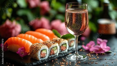 A beautifully arranged sushi platter with a glass of sparkling drink, set against a floral backdrop.