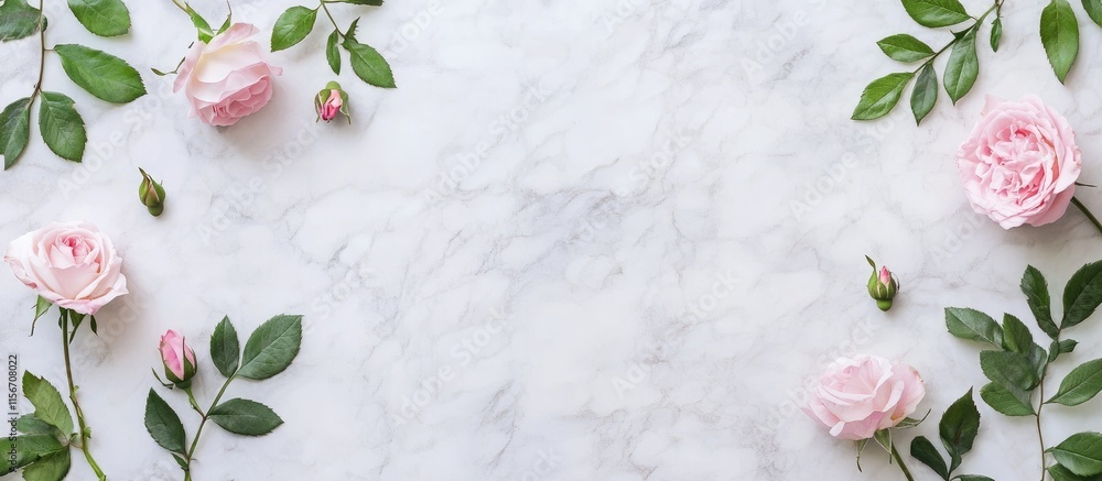 Elegant arrangement of pink roses and greenery on a marble background with space for text in a flat lay composition for gift themes Elegant arrangement of pink roses and greenery on a marble background with space for text in a flat lay composition for gift themes