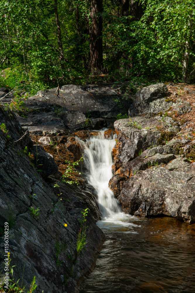 Fototapeta premium Norwegian mountain river with fast flowing clear and sparkling water and a waterfall that forms white foam on rocks surrounded by green coniferous trees. Sunny summer day.