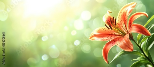 Exotic tiger lily bud on a soft green background with bokeh effects and ample space for overlay text or creative messages photo