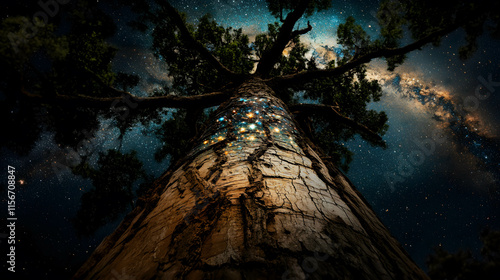 Enchanted Tree with Stellar Reflections Under the Starry Sky