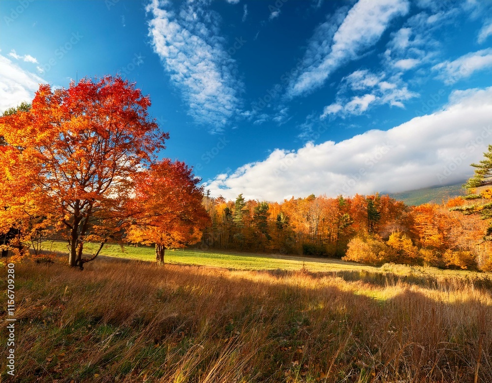 Autumn Landscape - Trees And Orange Foliage In Park At Sunset Autumn Landscape - Trees And Orange Foliage In Park At Sunset