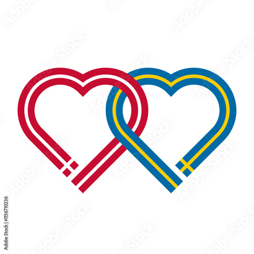 heart shaped ribbon of denmark and sweden flags intertwined. vector illustration isolated on white background