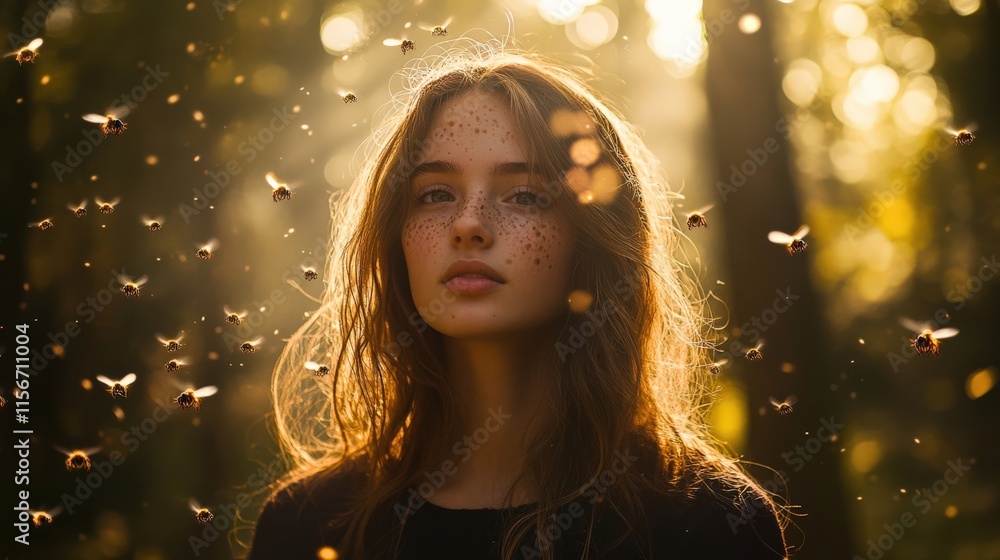 A serene moment in nature with a young woman surrounded by glowing bees in a dreamy forest setting. A serene moment in nature with a young woman surrounded by glowing bees in a dreamy forest setting.
