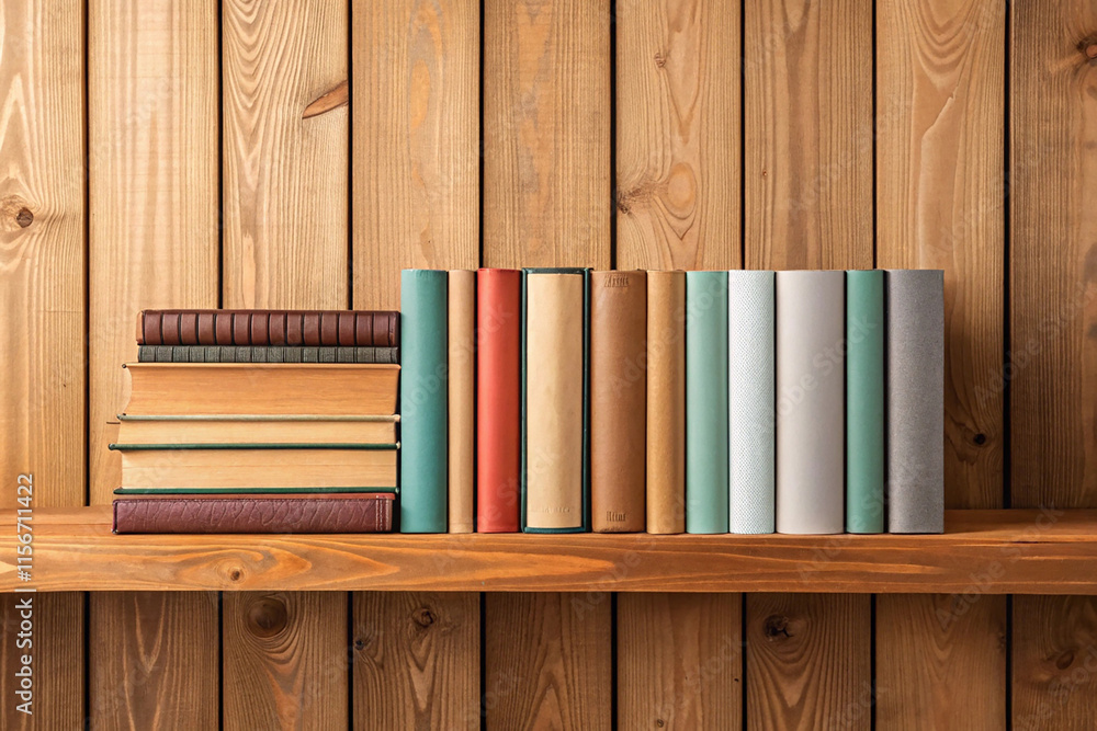 Naklejka premium Books on a wooden shelf. On a wooden background.