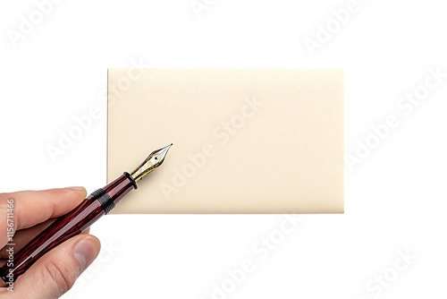 A hand holds a fountain pen above a blank notecard on a black background, suggesting preparation for writing or correspondence.