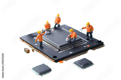 Miniature workers are engaged in maintenance on a large microchip, showcasing a creative perspective on technology and construction.