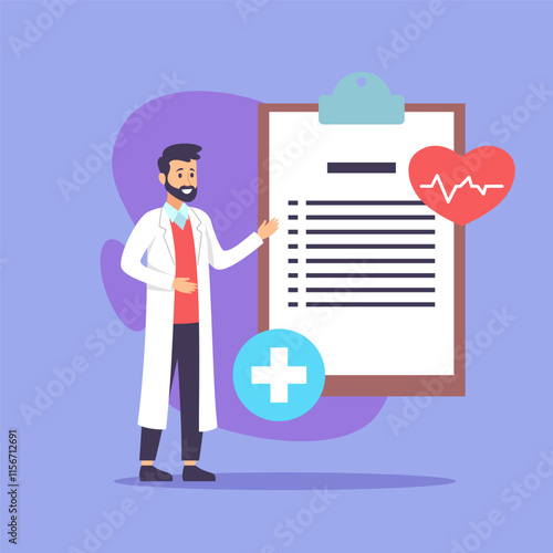 Doctor in white coat studying medical records vector illustration. Male cartoon character looking at test results, working in hospital. Modern medicine, treatment and healthcare concept