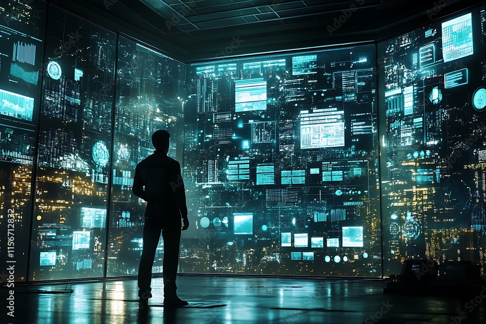 Fototapeta premium Man Observing Futuristic Data Visualization Screens