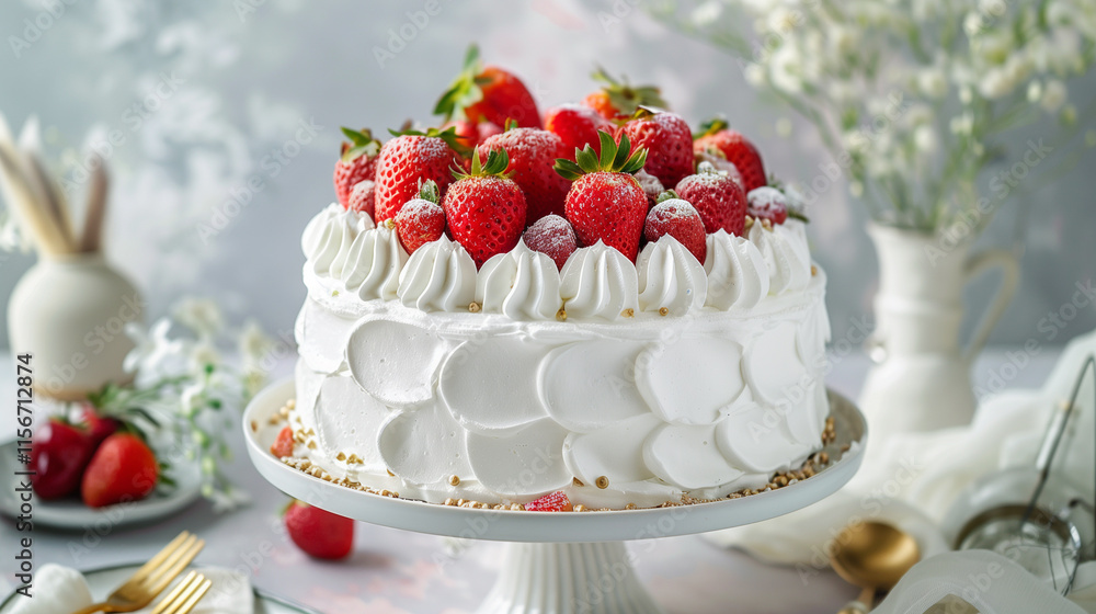 Japanese Strawberry Cake with Whipped Cream on Table
Japanese Strawberry Cake with Whipped Cream on Table