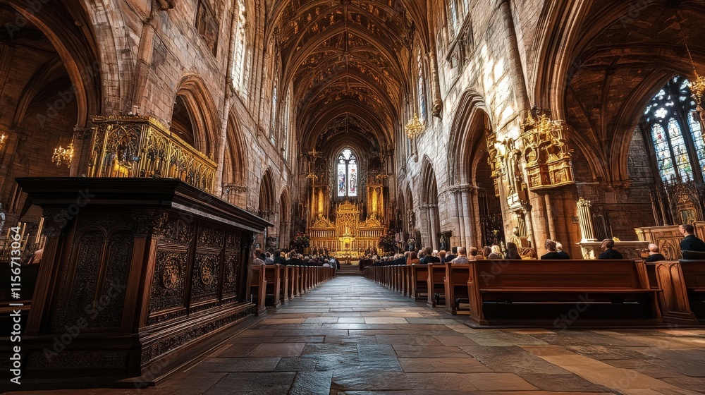 Obraz premium Stunning view inside a magnificent cathedral with tall arches and warm light streaming through stained glass windows.