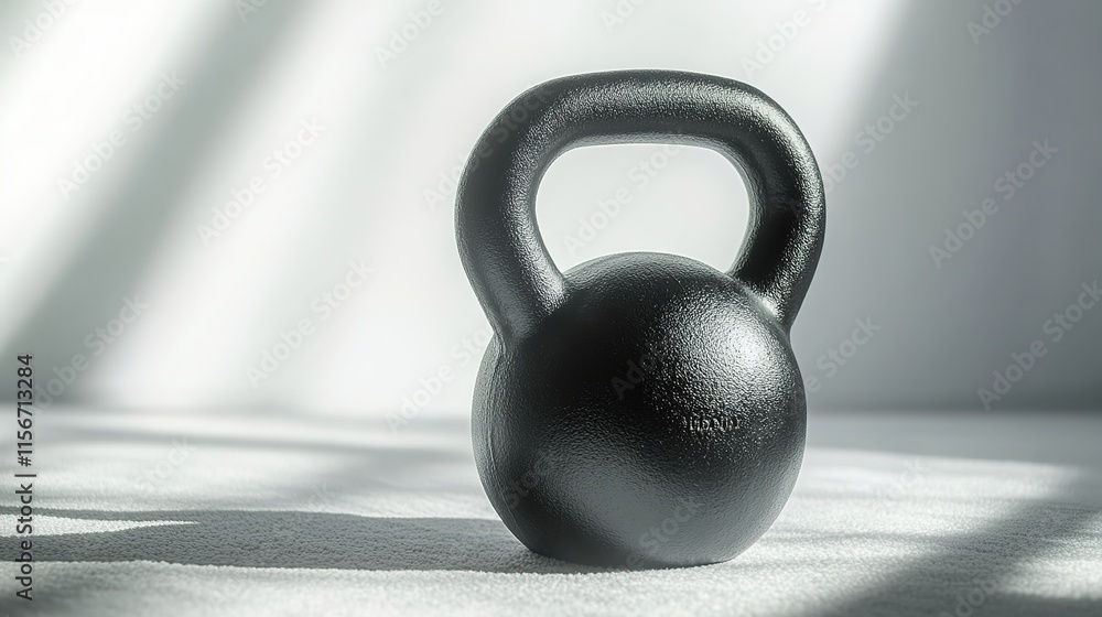 Fototapeta premium Sleek black kettlebell rests on bright surface, casting intrigui