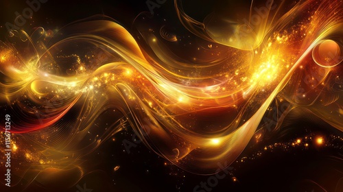 Abstract golden waves and particles flowing in dark space.