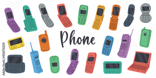 Retro phones. Old communication gadgets. Retro electronic devices. Phone with keypad, flip mobile, pager, cell phone, old telephone.