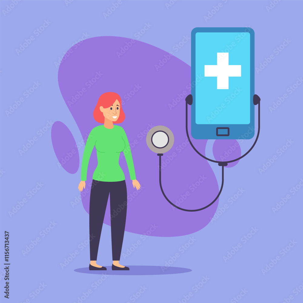 Woman using mobile app to get doctors consultation online vector illustration. Smartphone with stethoscope and female patient. Online doctor app, modern medicine and healthcare concept Woman using mobile app to get doctors consultation online vector illustration. Smartphone with stethoscope and female patient. Online doctor app, modern medicine and healthcare concept