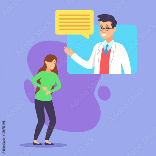 Woman suffering from stomach ache  and asking online doctor for help vector illustration. Sad girl using telemedicine app. Modern technology in medicine concept