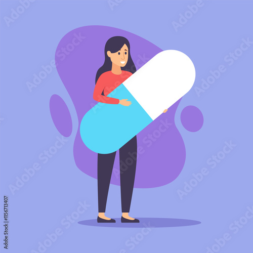 Woman holding huge capsule of painkiller vector illustration. Female cartoon character taking pill. Medicine, illness and healthcare concept