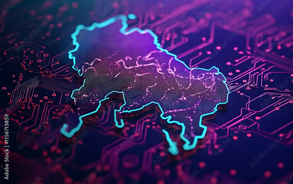 Outline of India on a circuit board background. Outline of India on a circuit board background.