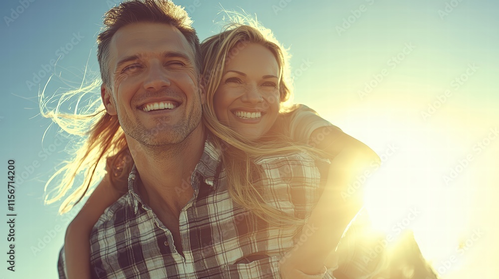 Obraz premium Joyful couple enjoying sunny day outdoors with bright smiles