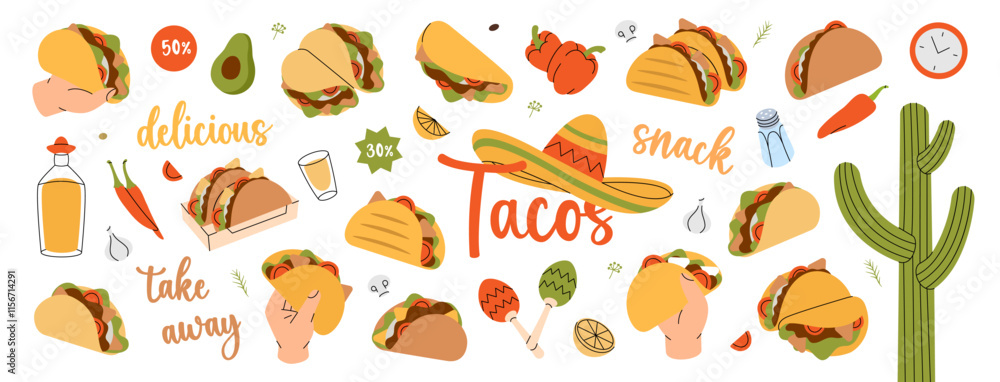 Tacos set. Tacos with meat, vegetable and tortilla. Traditional Mexican street fast food. Mexican cuisine restaurant food. Vector illustration Tacos set. Tacos with meat, vegetable and tortilla. Traditional Mexican street fast food. Mexican cuisine restaurant food. Vector illustration