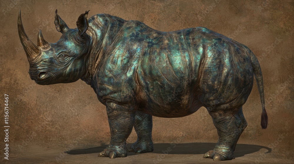 Fototapeta premium Bronze Rhino Sculpture with Textured Surface and Realistic Details