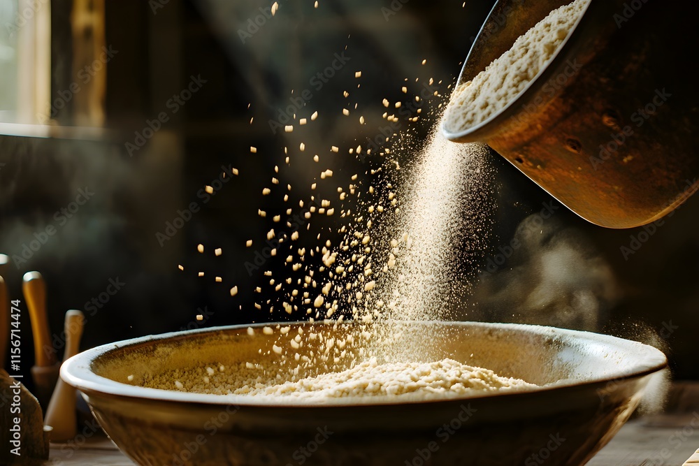 Close-up of poured fine flour into a large bowl, creating a soft cloud as it falls, in a warmly lit kitchen with rustic décor Close-up of poured fine flour into a large bowl, creating a soft cloud as it falls, in a warmly lit kitchen with rustic décor