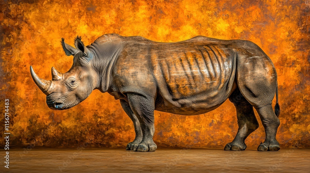 Fototapeta premium Realistic Rhinoceros Standing Against an Orange Textured Background
