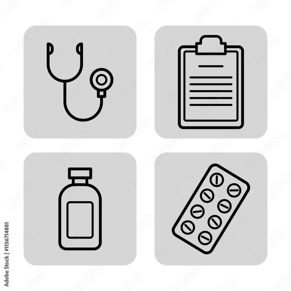 Doctors instrument and pills line icon set. Stethoscope, medical records, pills in bottle and blister. Medicine and healthcare concept. Vector illustrations for web design and apps Doctors instrument and pills line icon set. Stethoscope, medical records, pills in bottle and blister. Medicine and healthcare concept. Vector illustrations for web design and apps