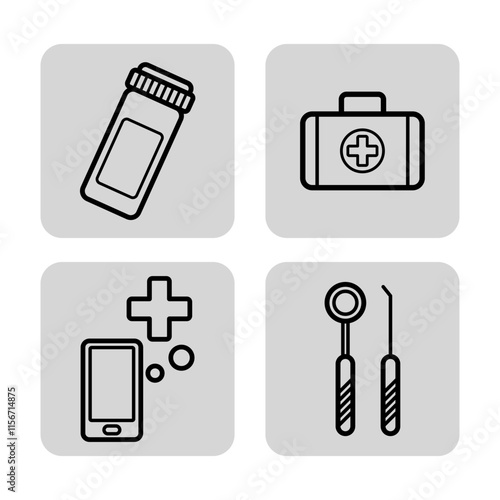 Medical elements line icon set. First aid kit, online doctor app, dental instruments, bottle with pills. Medicine and modern technology concept. Vector illustrations for web design and apps