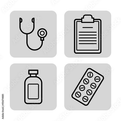 Doctors instrument and pills line icon set. Stethoscope, medical records, pills in bottle and blister. Medicine and healthcare concept. Vector illustrations for web design and apps