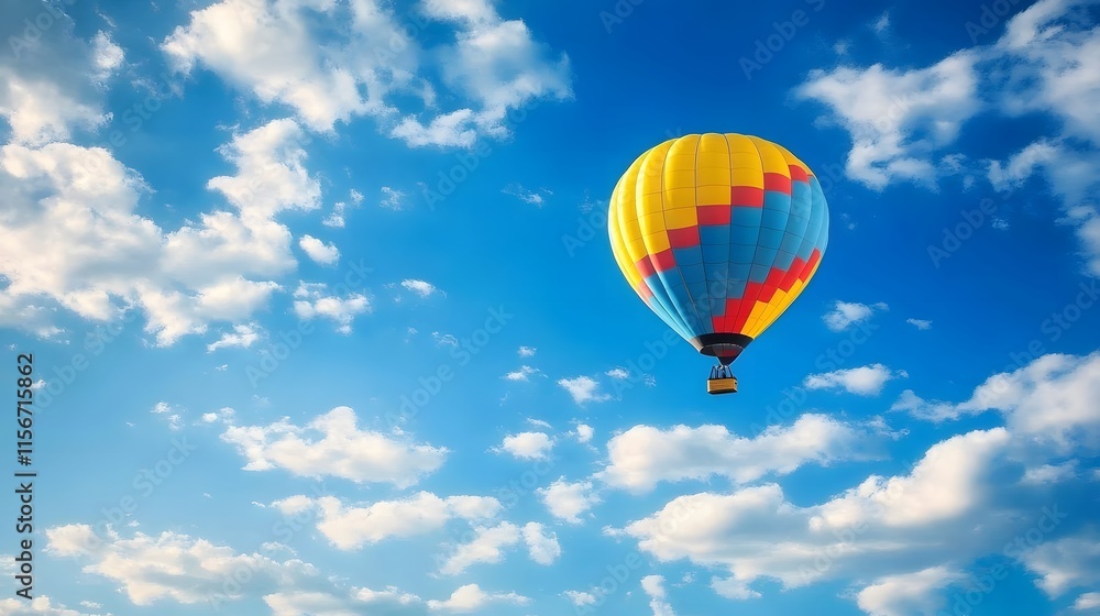 Fototapeta premium Colorful Hot Air Balloon Soaring Through Blue Sky With Clouds