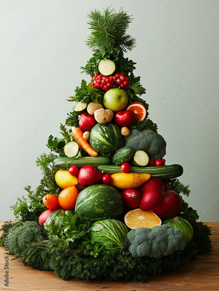 a Christmas tree made of vegetables and fruits and greenery. a Christmas tree made of vegetables and fruits and greenery.