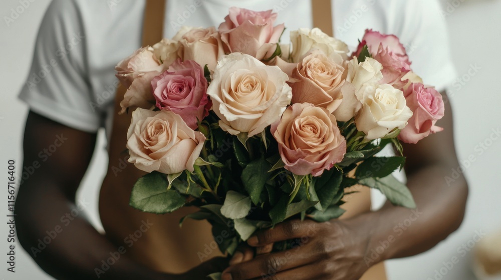 A skilled florist presents a stunning bouquet filled with delicate pink and cream roses, highlighting the artistry of floral design in a warm and inviting indoor environment. A skilled florist presents a stunning bouquet filled with delicate pink and cream roses, highlighting the artistry of floral design in a warm and inviting indoor environment.