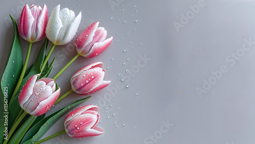 Background, Close-Up of Pink and White Tulips with Dew Drops
