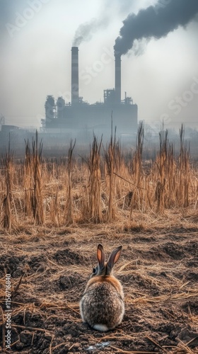 A rabbit looks out from a dry field toward a factory surrounded by smog and scorched earth, capturing the loss of biodiversity from industrial pollution