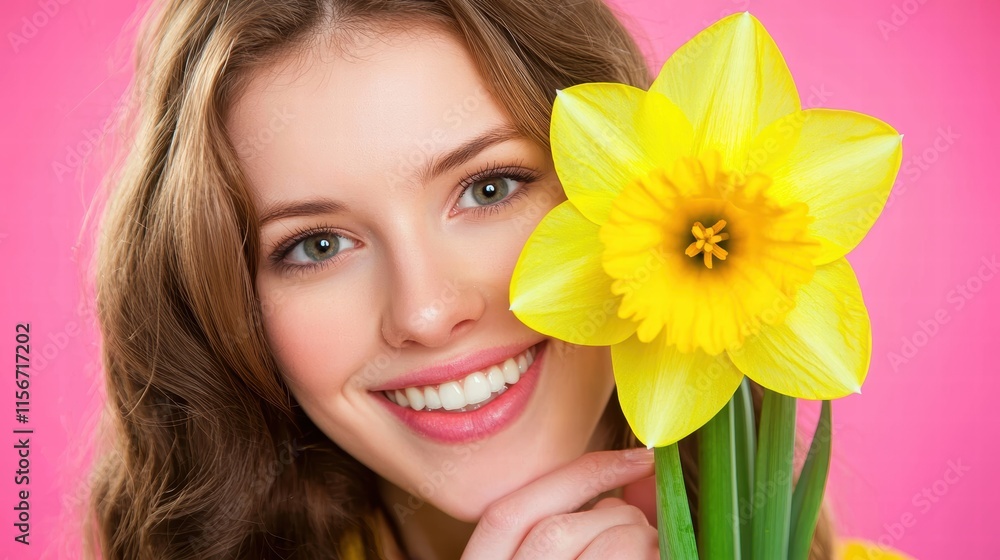 Young Woman Smiling with Bright Yellow Daffodil Against Pink Background Young Woman Smiling with Bright Yellow Daffodil Against Pink Background