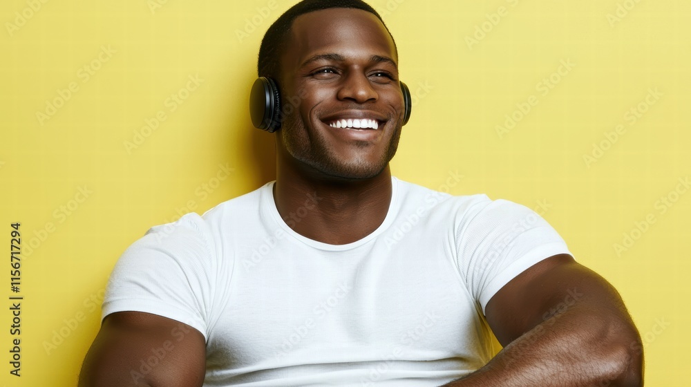 Smiling Man with Headphones Enjoying Music Against Yellow Background Smiling Man with Headphones Enjoying Music Against Yellow Background