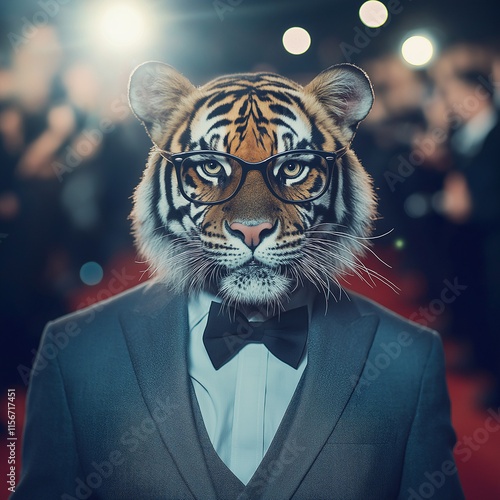 Sophisticated tiger in glasses red carpet event photographic portrait glamorous venue close-up view unique concept for seo engagement photo