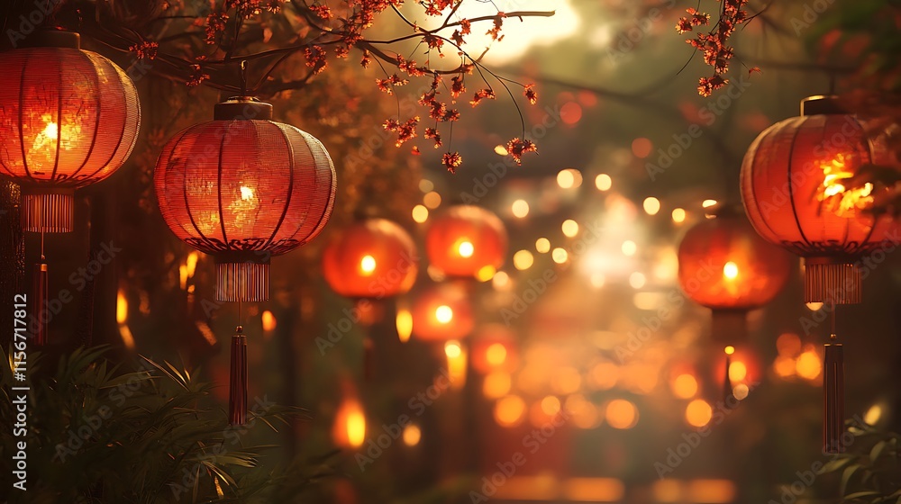 Illuminated red lanterns hanging from branches, creating a warm, festive atmosphere. Illuminated red lanterns hanging from branches, creating a warm, festive atmosphere.