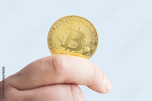 Hand holding Bitcoin coin against light blue background.