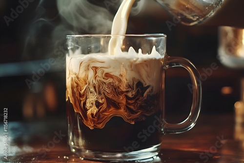 A macro shot of milk pouring into a glass mug of steaming coffee, forming caramel swirls, set on a wooden table with soft morning light